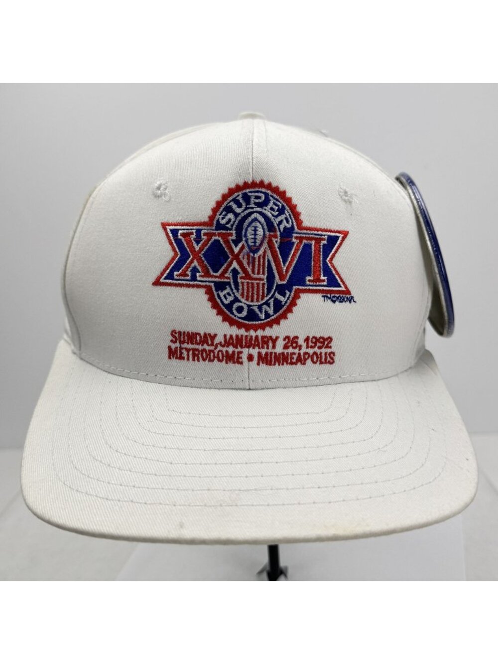 Vintage 1992 Super Bowl XXVI Snapback Hat White Adjustable NFL Team Cap with Pin